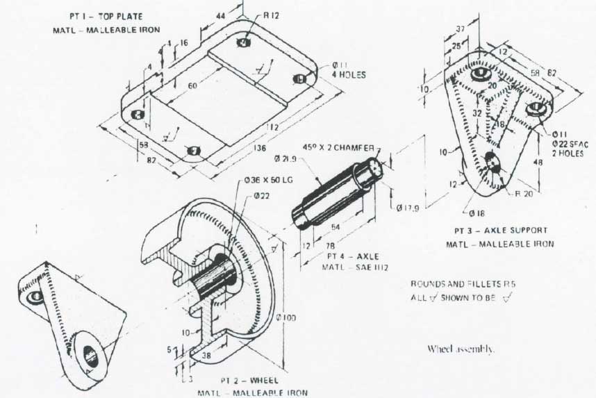 A mechanical drawing of a wheel and support